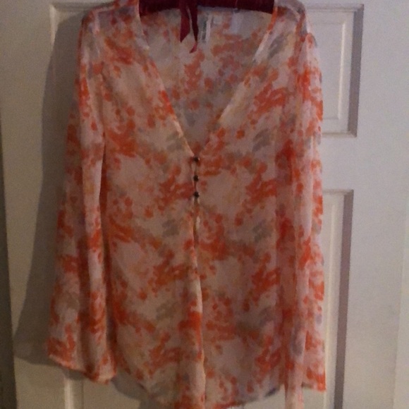 Hang Ten large orange & white semi sheer floral 3 button bell sleeve - Picture 2 of 13